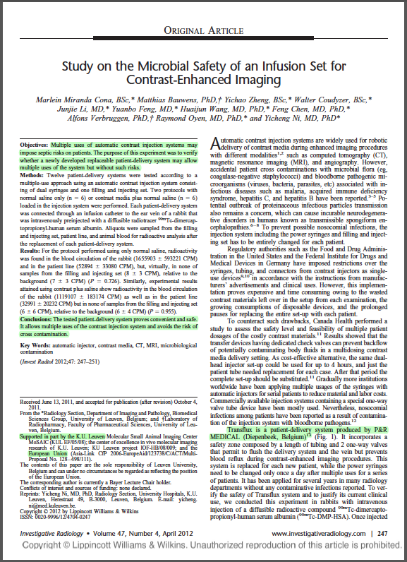 « Étude sur la sécurité microbienne d'un ensemble de perfusion pour l'imagerie à contraste amélioré » / Investigative Radiology ; Volume 47, nr4